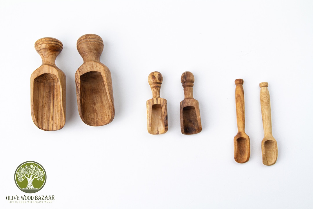 Set of 3 Natural Olive Wood Scoop Handmade, Shovel, for Sugar Salt