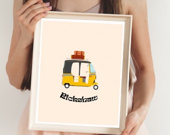 May include: Framed print of a yellow and black rickshaw with luggage on the roof. The word "Rickshaw" is written in a stylized font below the vehicle. The background is a light peach colour.