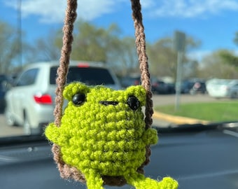 Crochet Chubby Frog Car Ornament: Handmade Swinging Rear View Mirror Charm