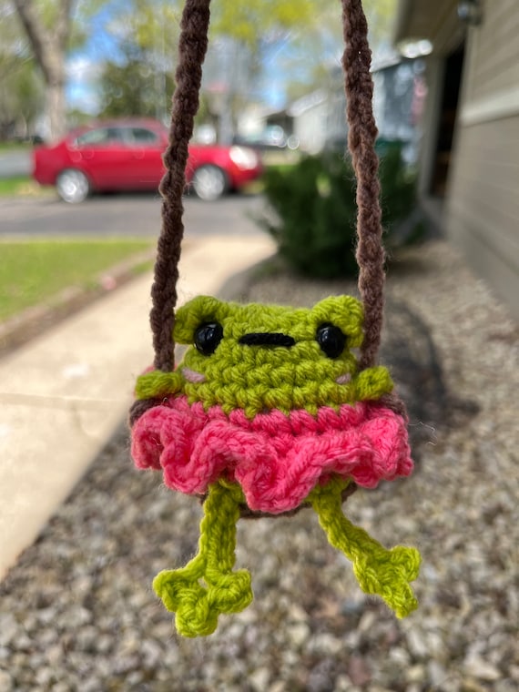 Crochet Chubby Tutu Frog Car Ornament: Handmade Swinging Rear View Mirror Charm