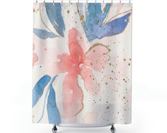 Flower shower curtain White and blue with a little touch of pink  Polyester shower curtain Blue and pink shower curtain