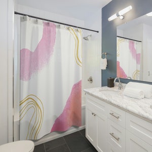 Minimalist shower curtain Abstract design with a little touch of pink White and pink shower curtain Polyester shower curtain