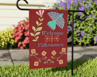 Scandinavian folk art garden flag Folk art yard flag  Welcome yard flag Swedish welcome yard flag Welcome in english and swedish