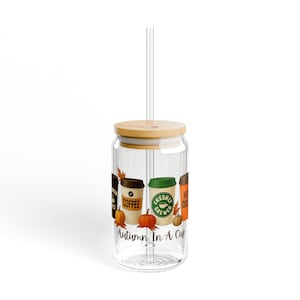 Autumn in a Cup Glass Can with Lid and Straw | 16 oz Fall Iced Coffee Cup | Pumpkin Spice Glass Tumbler | Cozy Aesthetic Drinkware