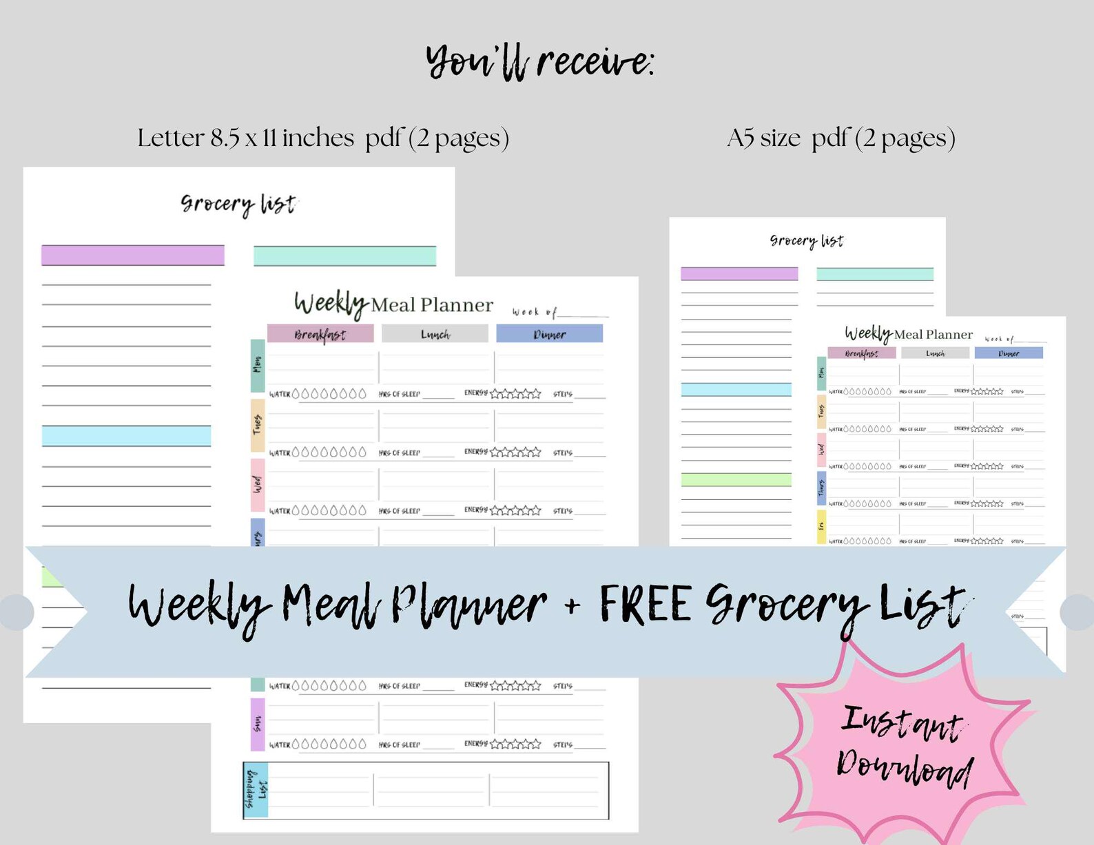 Meal Planner Printable, Weekly Food Tracker, Free Bonus Grocery List ...