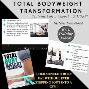 TOTAL BODY TRANSFORMATION bodyweight workout exercise instruction videos ebook strength training lose weight no gym build muscle lose fat