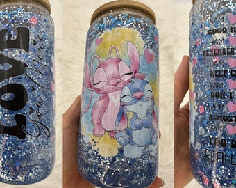 Ohana blue Stitch and Angel 16 oz Glass Snowglobe tumbler