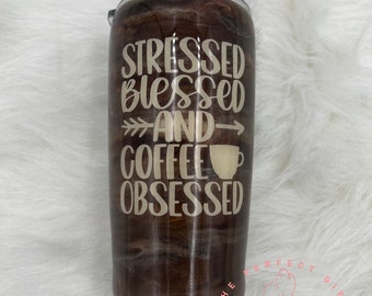 Stressed Blessed and Coffee obsessed modern curve stainless steel tumbler