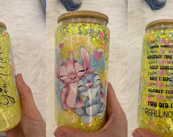 Ohana yellow Stitch and Angel 16 oz Glass Snowglobe tumbler