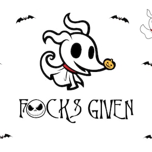 Pode incluir: Uma ilustração em preto e branco de um cão de desenho animado com uma abóbora na boca. O cão está rodeado de morcegos e o texto "FOCK'S GIVEN".