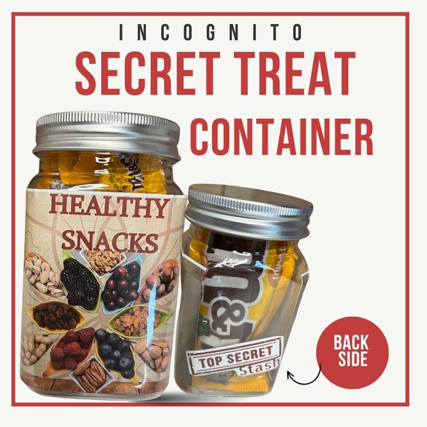 Secret treat jar | humorous gift container | hidden as a "healthy snack" jar | holiday gift | glass storage jars | engraved airtight lid