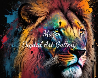 African Lion, oil painting, rainbow colors, wall art, digital art, digital, lion, download, personal or commercial use, 5 .png files