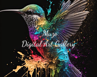 Hummingbird oil painting style with rainbow colors, paint splash, digital art, digital download, bird, download, commercial use, 5.png files