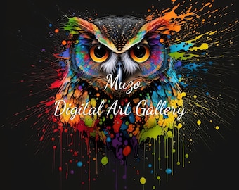 Owl in oil painting style with rainbow colors, paint splash, digital art, digital download, nature, download, commercial use, 5 .png files