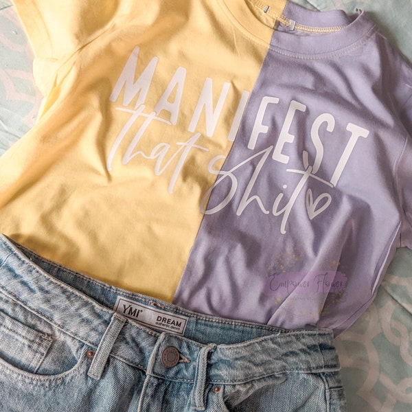 Manifest | Duo Tone | Purple and Yellow | Crop Top | | For Her | Gift | Fashion | Inspiring Quotes | Motivational Quotes