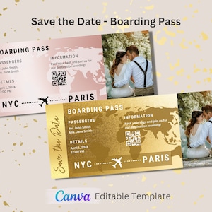 May include: A save the date announcement in the form of a boarding pass with a gold and pink background. The text reads "Save the Date - Boarding Pass" and includes the names "Mr. John Smith" and "Mrs. Jane Smith" with the date "April 1, 2024" and time "12:00 PM". The location is listed as "NYC" to "Paris".