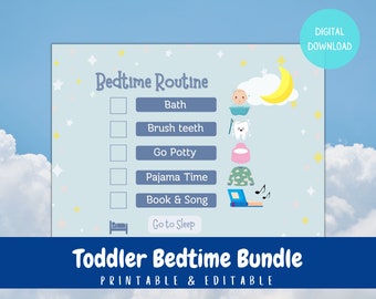 May include: A blue and white printable bedtime routine checklist for toddlers. The checklist includes activities like bath, brush teeth, go potty, pajama time, book and song, and go to sleep. The checklist is decorated with stars and a moon.