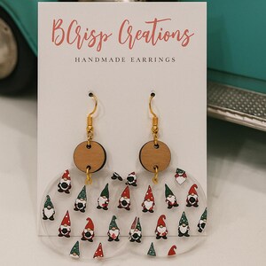 Christmas Gnome Semi Circle Earrings, Christmas Pattern Acrylic Earrings, Gnome Earrings, Holiday Gnomes, Festive Earrings, Christmas Gnomes