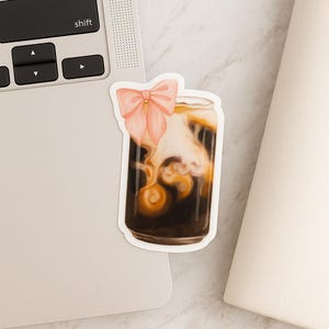 Iced Coffee Sticker with Pink Bow | Aesthetic Vinyl Coffee Sticker | Cute Kawaii Cold Brew Decal | Laptop, Tumbler, Water Bottle Sticker