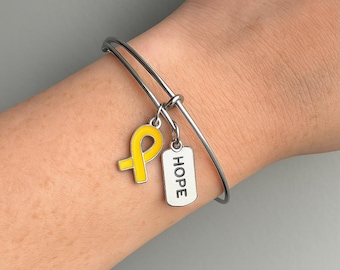 Endometriosis Awareness Bangle Bracelet, Yellow Ribbon, HOPE Charm