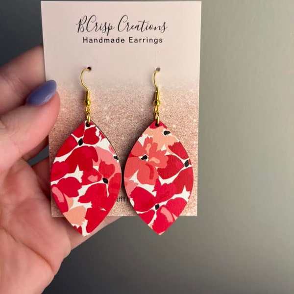 Cherry Blossom Floral Wooden Earrings, Spring Floral Dangle Earrings, Wooden Earrings, Colorful Earrings, Summer Floral Earrings, Red Floral