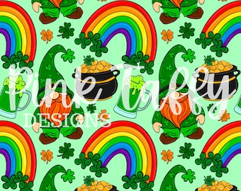 St Patricks day gnome leprechaun pot of gold rainbow green beer shamrock clovers cottagecore seamless file design repeating pattern print
