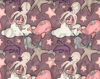 Wal Oktopus Meerestiere Delfin Narwal Sterne Wolken Seesterne Blumen girly nahtlose Datei Design sich wiederholendes Muster Digitaldruck Stoff
