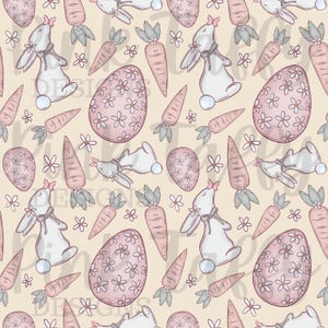 May include: A seamless pattern featuring pastel pink Easter eggs with white daisy flowers, white bunnies with pink bows, and orange carrots on a light yellow background.
