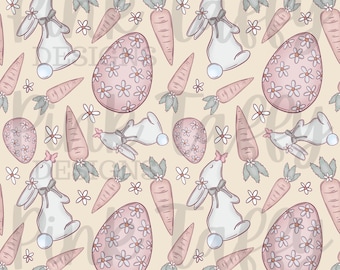 Osterhase Kaninchen Karotten Eier Blumen Frühling pastell weich süß nahtlos Dateidesign Rapportmuster Digitaldruck Papier Hintergrund niedlich