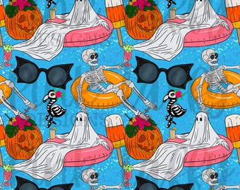 Sommer Summerween Geist Halloween Skelett Kürbis Fledermaus Sonnenbrille Musterdesign digitalen Hintergrund Papier Print Pool
