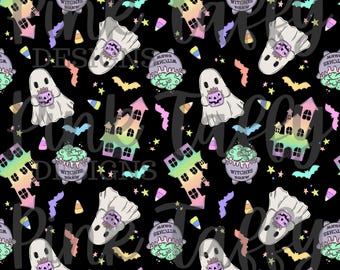 Geister Geisterhaus Pastell Fledermäuse Süßigkeiten corn Sterne Halloween spooky nahtlose Dateidesign digitales Hintergrundpapier des niedlichen Spaßes, sich wiederholendes Muster