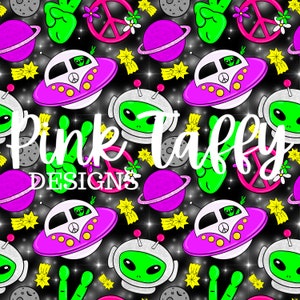 May include: A seamless pattern featuring green aliens, peace signs, planets, and stars on a black background. The text "Pink Taffy Designs" is written in white with pink accents.