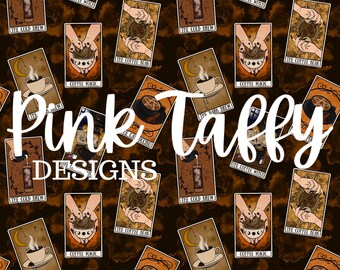 Kaffee Tarot Hexe witchy Magie Halloween nahtlose Datei Design Rapportmuster Bohne Hintergrund Papier Druck Stoff gruselig girly ghul niedlich