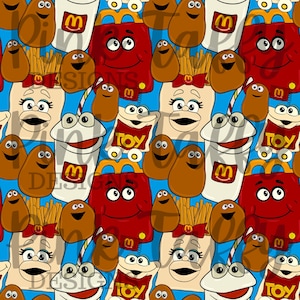 May include: A seamless pattern featuring cartoon characters from a popular fast food chain. The characters include a happy meal box, a french fry container, a hamburger, a chicken nugget, and a milkshake. The background is a bright blue color.