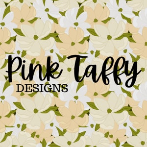 May include: A seamless pattern featuring white and cream magnolia flowers with green leaves. The text "Pink Taffy DESIGNS" is centered on the image.