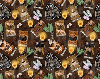 Hexe witchy Kaffee Geliebte Tarot Karte nahtlose Datei Design sich wiederholendes Muster Hintergrund Motte Kristalle Halloween girly spooky niedlich Planchette