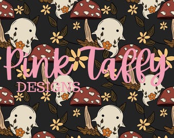 Pilz Geist Blumen Cottage Kern nahtlose Datei Design sich wiederholendes Muster Halloween niedlichen Herbst Herbst Gruselzeit Hexe digitaler Hintergrund