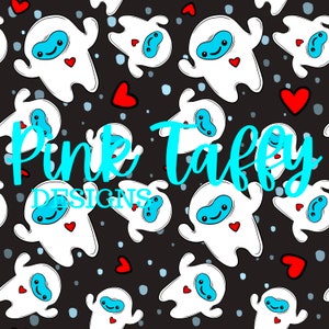 May include: A seamless pattern featuring white cartoon snowmen with blue eyes and red hearts on a black background. The text "Pink Taffy Designs" is in the center of the pattern in turquoise.