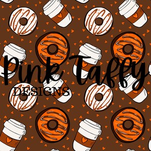 May include: A seamless pattern featuring donuts and coffee cups on a brown background. The donuts are orange and white with chocolate icing and sprinkles. The coffee cups are white with a brown lid and a red heart on the side. The pattern is repeated throughout the image. The text "Pink Taffy Designs" is also included in the pattern.