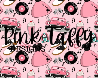 1950's era poodle skirt classic car sockhop record milkshake jukebox Pink greaser cat eye glasses racing music seamless file design pattern