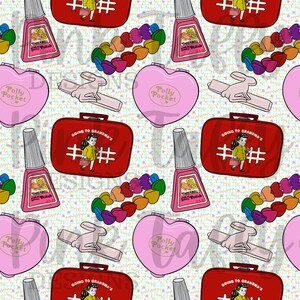 May include: A seamless pattern featuring a variety of colorful items, including a red suitcase with the text "GOING TO GRANDMA'S" and the hashtag "##", a pink heart-shaped compact with the text "Polly Pocket", a bottle of nail polish with the text "Tinkerbell Pretty Polish", and a rainbow-colored heart-shaped bracelet.