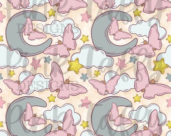 Schmetterlinge Mond Wolke Sterne girly nahtlose Datei Design Rapportmuster Digitaldruck Stoff Papier Hintergrund niedlich Kind Glitzer