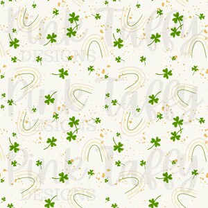 May include: A seamless pattern featuring green shamrocks, gold glitter, and pastel rainbow arches on a white background. The text "Pink Taffy Designs" is repeated throughout the pattern.