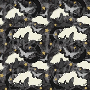 Zwarte vlinder Donkere vlinders maan sterren wolken glitter zilver goud griezelig schattig naadloos bestandsontwerp herhalend patroon digitale print