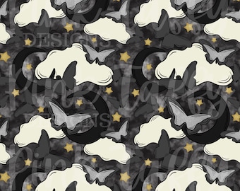 Schwarz Schmetterling Dunkel Schmetterlinge Mond Sterne Wolken Glitzer Silber Gold gruselig niedlich nahtlose Datei Design sich wiederholendes Muster Digitaldruck