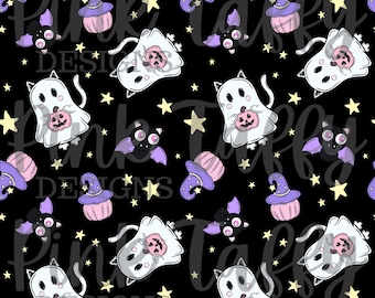 Geister, Kitty, Kätzchen, Katze, Spooky, Halloween, Kürbisse, Hexe, Sterne, Fledermäuse, Süßigkeiten, niedlich, nahtloses Dateidesign, sich wiederholendes Muster digitaler Hintergrund