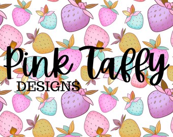 Pastellfarbene Erdbeeren, Lebensmittel, süße Früchte, nahtloses Dateidesign, sich wiederholendes Muster, Digitaldruck, Stoff, Papierhintergrund, niedliche Beeren