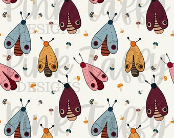 Motten Pilze nahtlose Datei Design Rapportmuster Frühling Herbst zierlich süß Digitaldruck Hintergrund Papier Stoff niedlich winzig