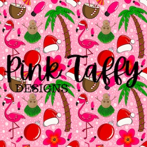 May include: A pink and white seamless pattern featuring a tropical Christmas theme. The pattern includes pink flamingos, palm trees with Christmas lights, Santa hats, ornaments, snowmen wearing grass skirts, and coconuts with a candy cane.