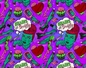 Zombie Pin Up Schönheit Gehirn Vintage Halloween girly nahtlose Datei Design sich wiederholendes Muster digitaler Hintergrund Papier Stoffdruck Ghoul Vibes